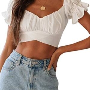 White Ruffle Sleeve Crop Top